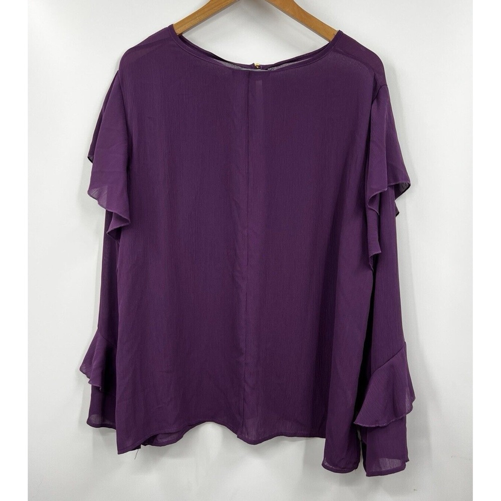 Eloquii Womens Plus Size‎ 20 Purple Ruffle Sleeve Keyhole Chiffon Blouse 3895